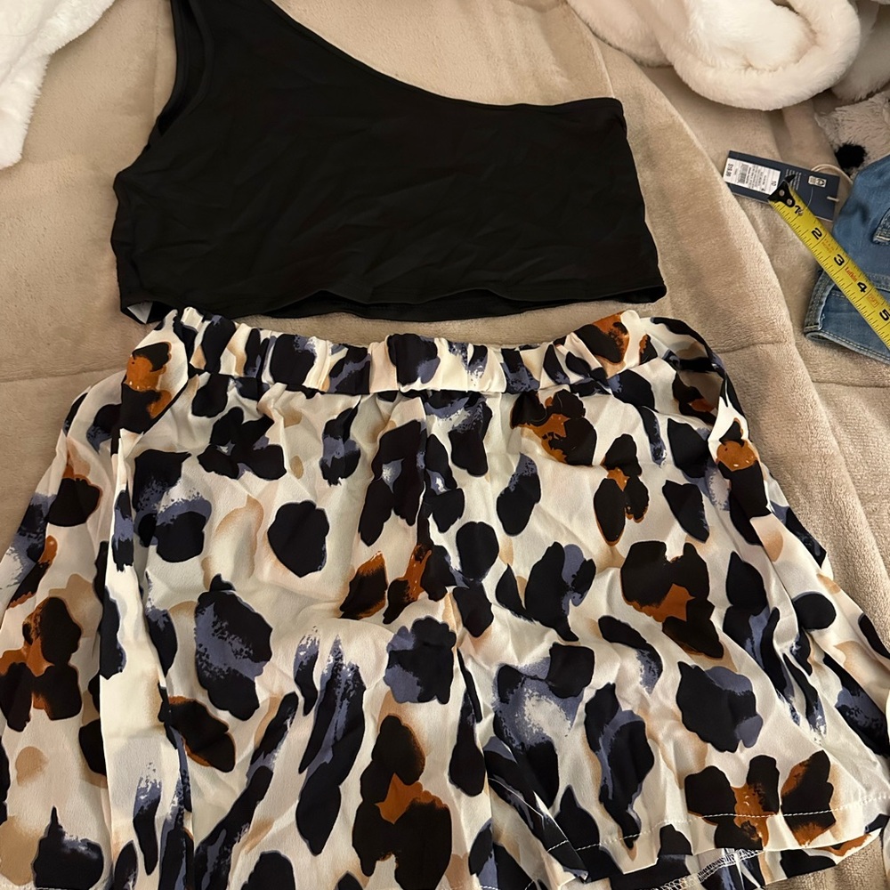Black One-Shoulder Top with Animal Print Shorts